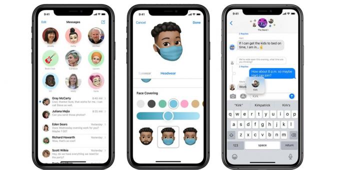 iPhone-screenshots van de Berichten-app van Apple, van links naar rechts: vastgezette chats, gezichtsmasker voor je Memoji en vermeldingen in groepschats