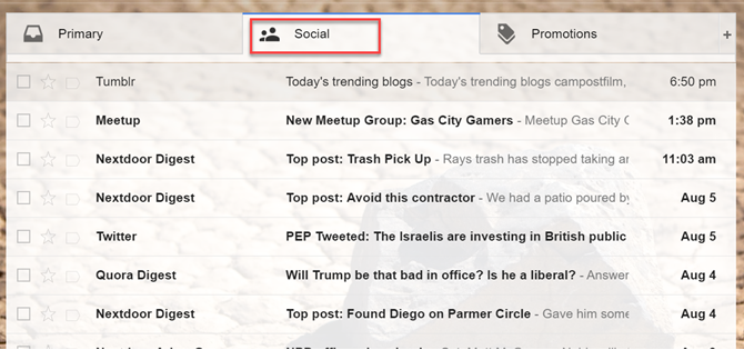 Het tabblad 'Sociaal en promoties' van Gmail