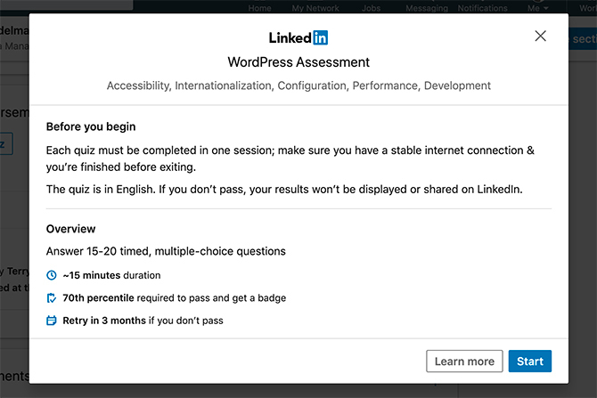 Een vaardigheidsquiz starten voor LinkedIn-vaardigheidsbeoordelingen