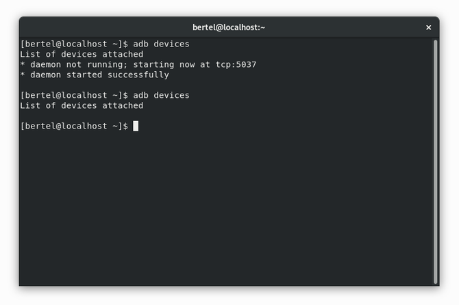 Linux-terminal met de opdracht "adb devices" zonder resultaat