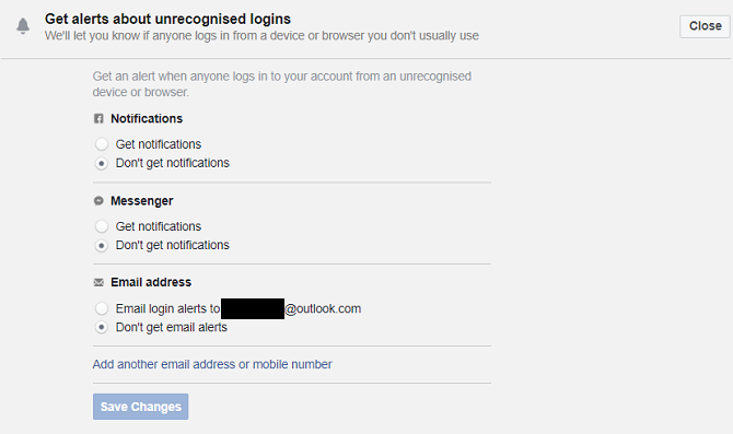 facebook alert login-opties