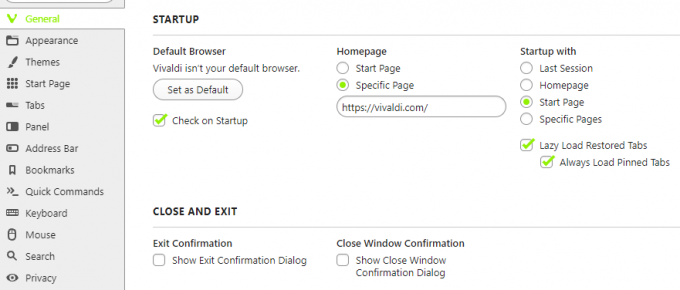 Screenshot van de Vivaldi-instellingenpagina Algemeen tabblad
