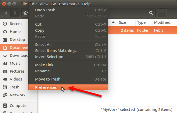 Ga naar Bewerken> Voorkeuren in Nautilus in Ubuntu