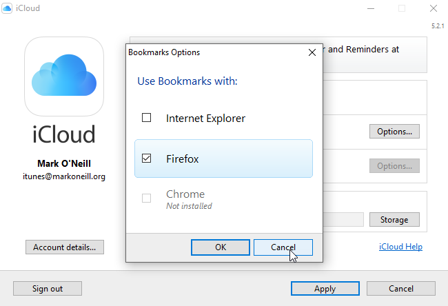 iCloud-configuratiescherm Bladwijzers Opties Schermafbeelding