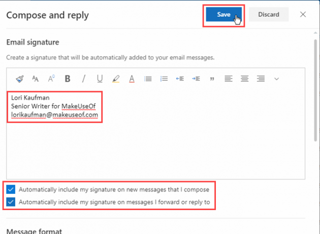 Maak een handtekening en klik op Opslaan in Outlook in Office 365