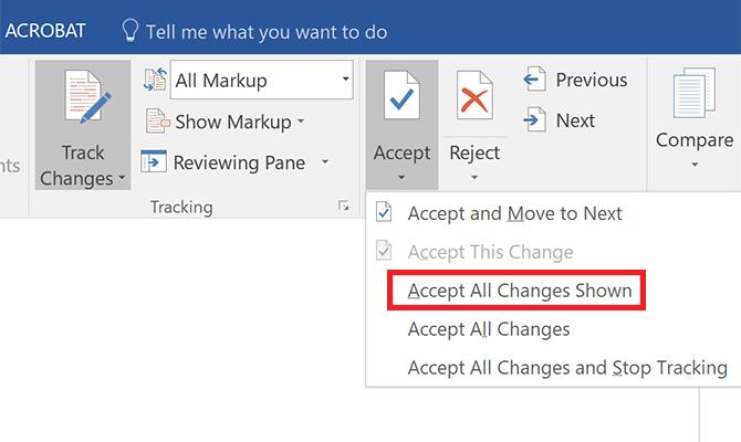 Hoe bijgehouden wijzigingen in Microsoft Word te filteren en toe te passen Accepteer alle weergegeven wijzigingen