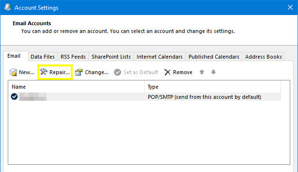 Reparatie in e-mail in Outlook-accountinstellingen