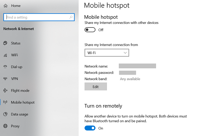 Windows 10 instellingenmenu voor mobiele hotspot