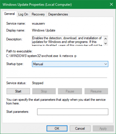 Eigenschappen van Windows Update-service