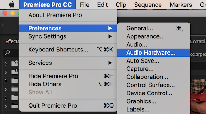 Menu Premiere Pro audio-hardware