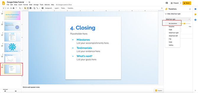 Overgangen maken in Google Presentaties Overgang verwijderen