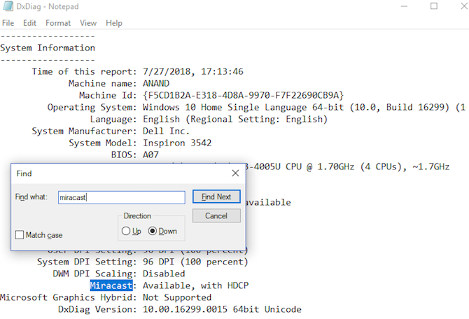 Hoe Windows 10 op tv te projecteren met Miracast dxdiag notitieblok miracast