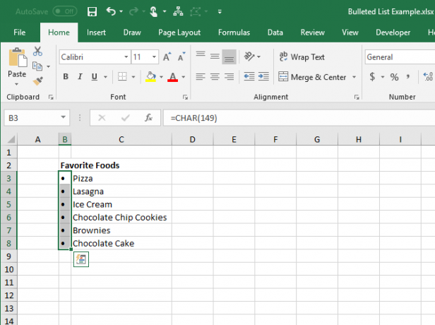 CHAR-functie ingevoerd in cellen in Excel