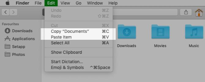 Kopieer en plak menu-opties in Finder op Mac