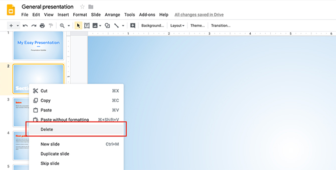 Een presentatie maken Google Slides Delete Slide
