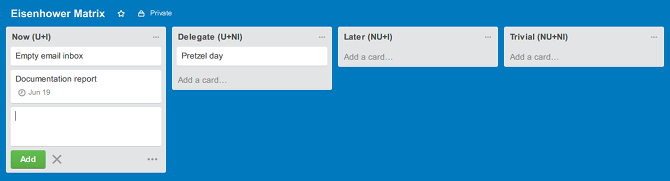 Prioriteit toekennen aan taken met het Eisenhower Matrix-productiviteitssysteem trello eisenhower-matrixdocumentatie