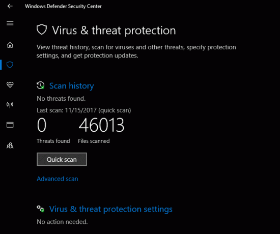 Windows Defender Security Center Virus- en bedreigingsbescherming