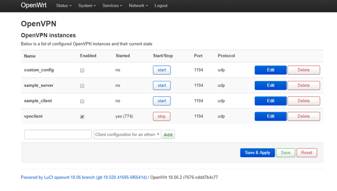 OpenWRT LuCI Dashboard OpenVPN-menu