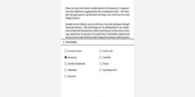 Screenshot van Amazon Kindle Font Family-menu