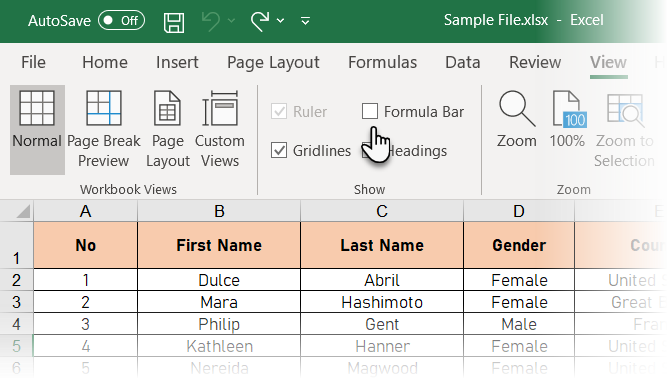 Verberg de formulebalk met behulp van het tabblad Weergave in Excel