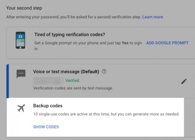 Sectie Back-upcodes wanneer 2FA is ingeschakeld voor Google-account