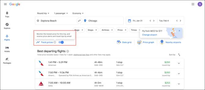 Google Flights Track Prijzen Toggle