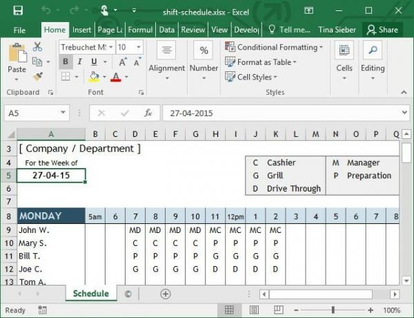 Shift Schema Excel-sjabloon