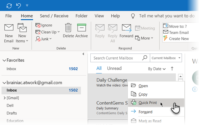 Klik met de rechtermuisknop en kies Quick Print in het menu in Microsoft Outlook 