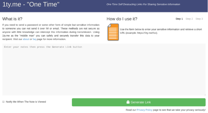 1ty.me is een veilige app om eenmalige leesnotities en wachtwoorden te verzenden