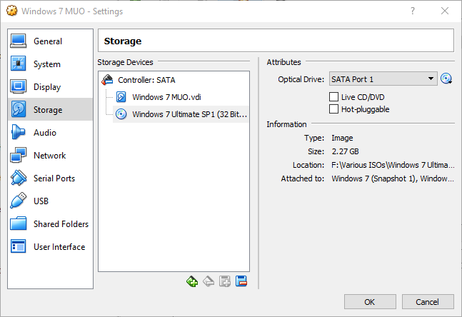 Windows 7 virtual machine storage iso option