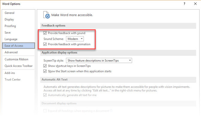 Hoe vervelende geluiden uit te schakelen in Microsoft Office 2016 Ease of Access-geluidseffecten