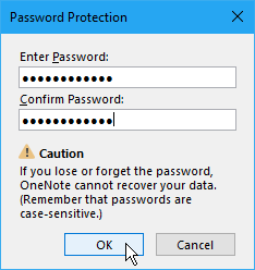Dialoogvenster Wachtwoordbeveiliging in OneNote 2016