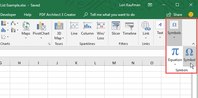 Klik op Symbolen op het tabblad Invoegen in Excel