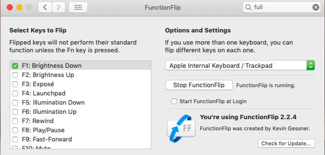 Instellingenvenster voor FunctionFlip-app op macOS