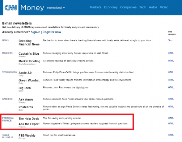 CNN Personal Finance-nieuwsbrieven