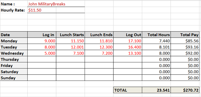 rooster sjabloon track uren militaire tijd met lunchpauzes excel