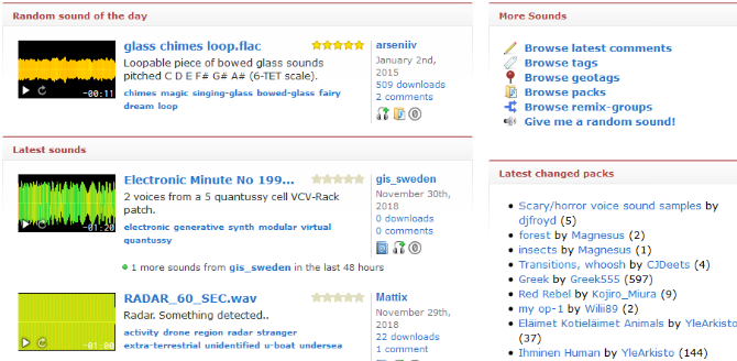 Screenshot van de Freesound-website
