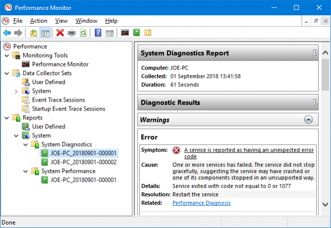 Diagnostische resultaten van Windows 10 Performance Monitor