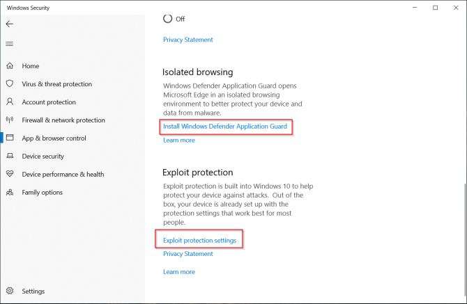 controle van app- en browserinstellingen in Windows Defender