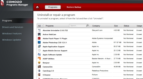 Programma's verwijderen op Windows 8 Comodo Programs Manager Windows Uninstaller