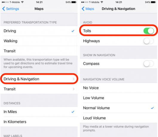 iOS 10-functie Vermijd tol in routebeschrijving