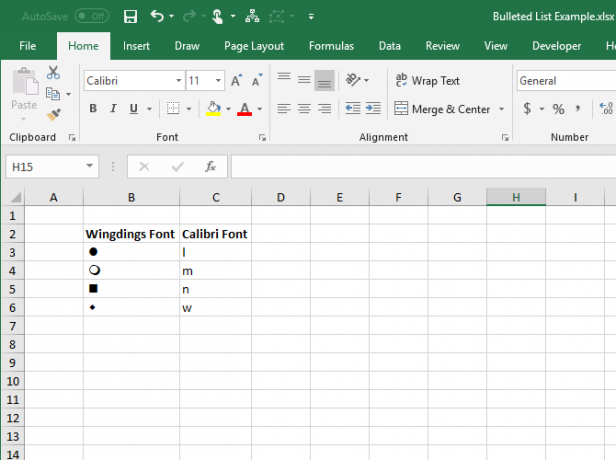 Letters in het lettertype Calibre en de overeenkomstige symbolen in het lettertype Wingdings in Excel