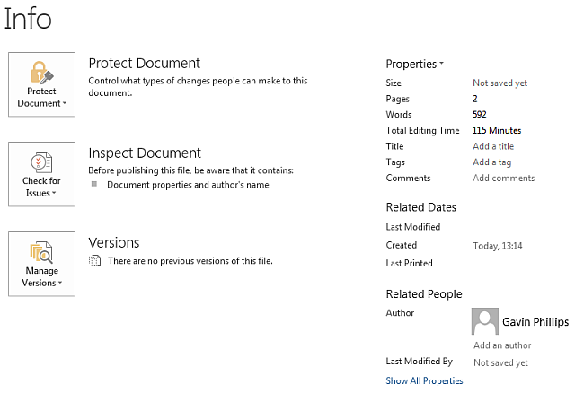 Documentinformatie in Microsoft Word 2013