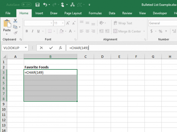 Voer de CHAR-functie in voor een opsommingsteken in een cel in Excel