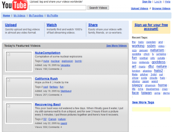 Een screenshot van YouTube in 2005