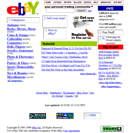 Een screenshot van eBay in 1999