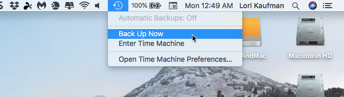 Selecteer Nu een back-up maken in de menubalkopties van Time Machine