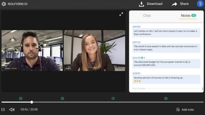 Roundee neemt videoconferentiegesprekken op en laat u notulen met tijdstempel toevoegen voor minuten van de vergadering