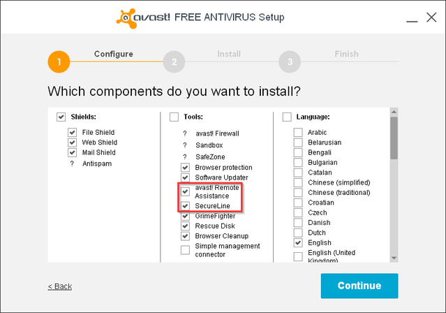 Avast - Installation - kies compenents om te installeren