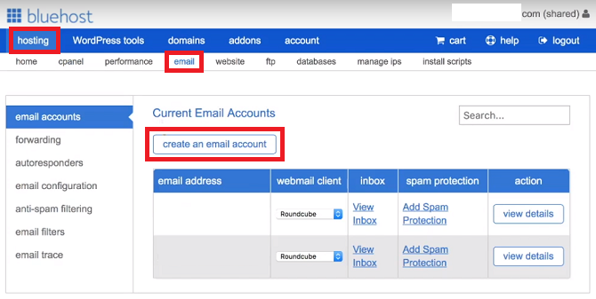 Maak een e-mailaccount Bluehost